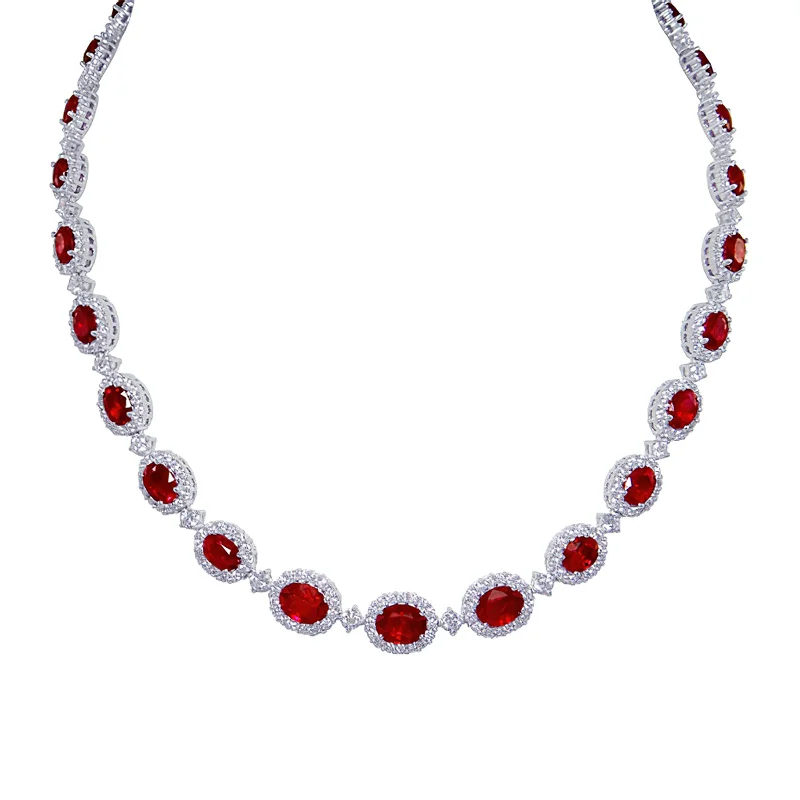 silver multi-layer ladies necklace-Ruby & Diamond Graduated Halo Necklace