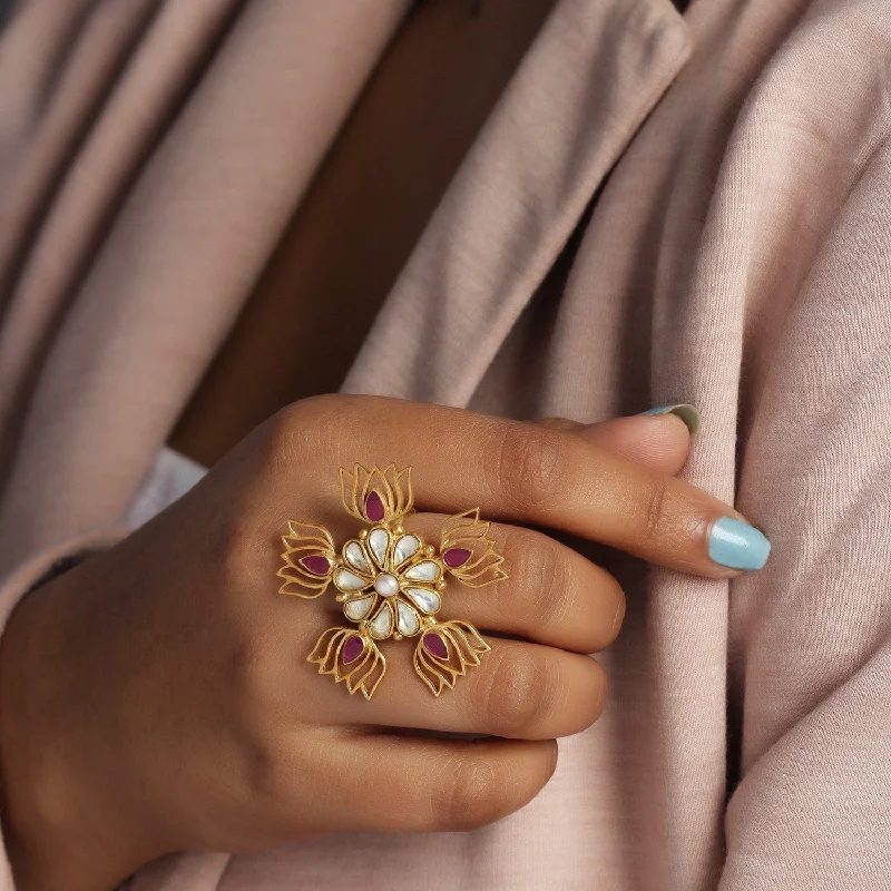 dainty opal ladies ring-Five Lotus Gold Plated Jadau Ring