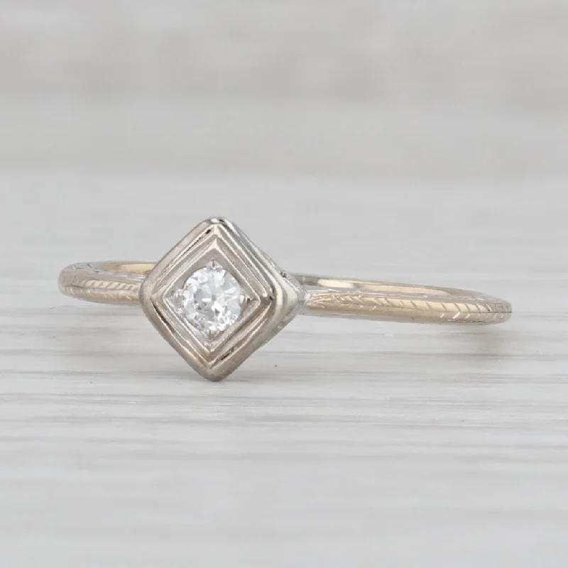 radiant-cut ladies engagement rings-Art Deco VS2 Diamond Solitaire Ring 18k Gold Size 9.5 Wheat Etched Engagement