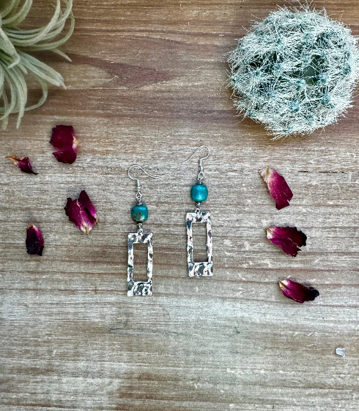 boho style ladies earrings-Green turquoise dangle earrings rectangle