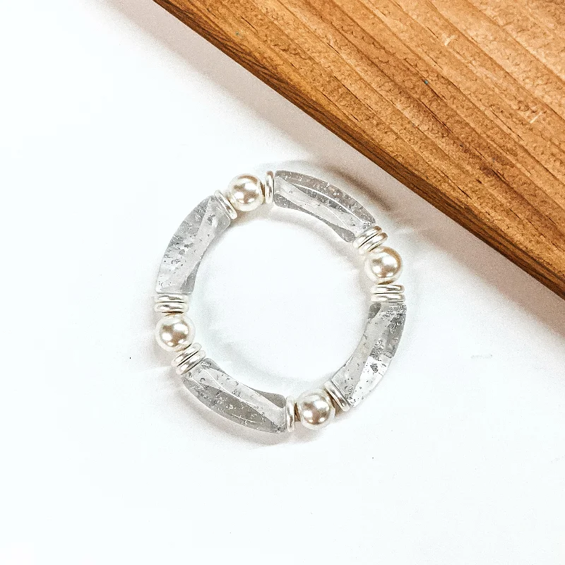 antique-style ladies bracelets & bangles-Clear Tube Bracelet with Pearl Spacers and Silver Tone Flakes