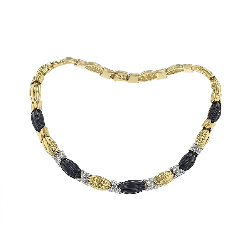 boho style ladies necklace-18K Yellow Gold Onyx and Diamond Butterfly Link Necklace