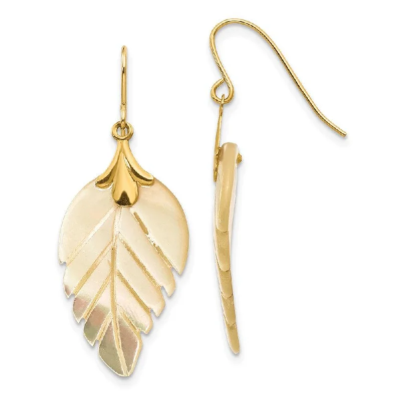 silver ladies earrings-Madi K Kid's 14k  Mother of Pearl Leaf Dangle Earrings