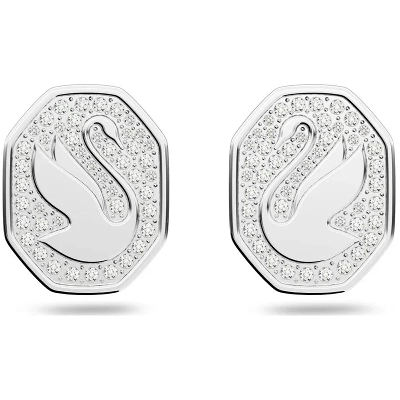 yellow gold delicate ladies earrings-Swarovski Women's Stud Earrings - Signum Swan Rhodium Plated White Crystal | 5621097