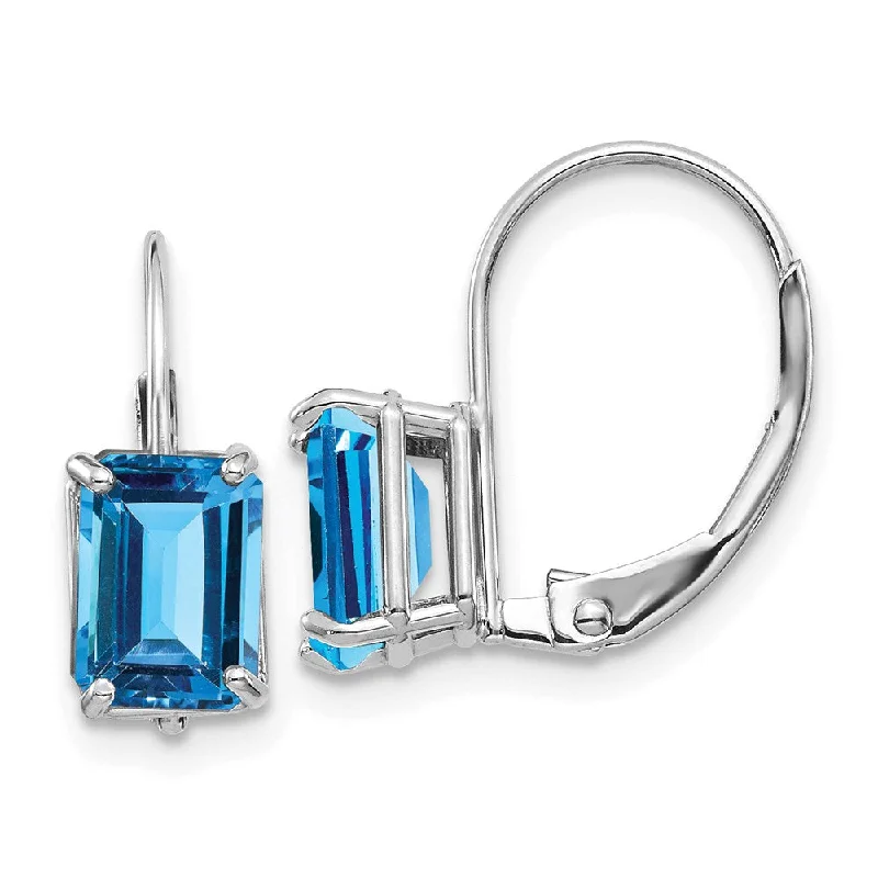 drop ladies earrings-14k White Gold 7x5mm Emerald Cut Blue Topaz Earrings