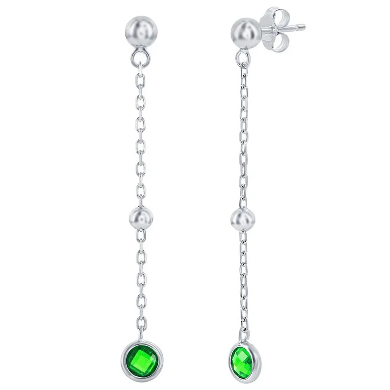 fine jewelry ladies earrings-Classic Women's Earrings - Sterling Emerald Bezel-Set CZ and Bead Chain | D-8375