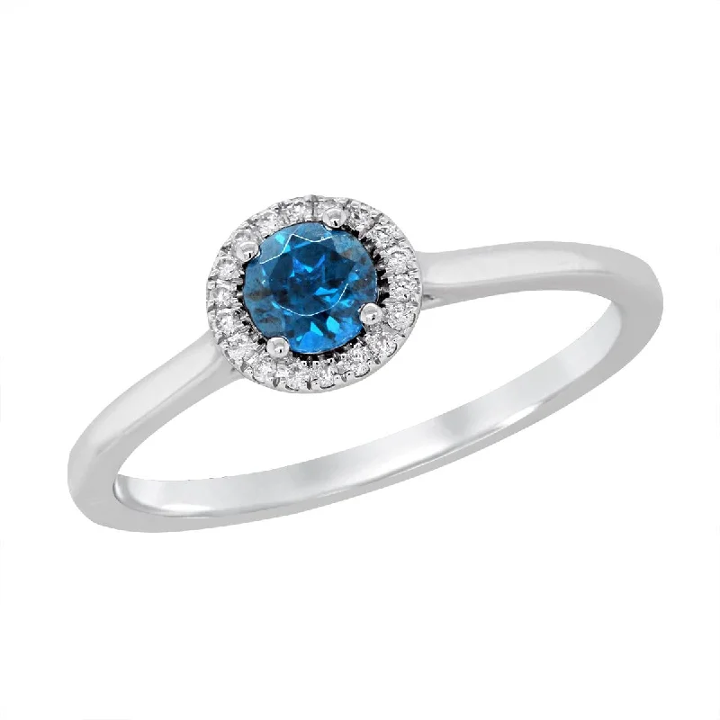 open band ladies ring-WHITE GOLD BLUE TOPAZ RING WITH DIAMOND HALO, .05 CT TW