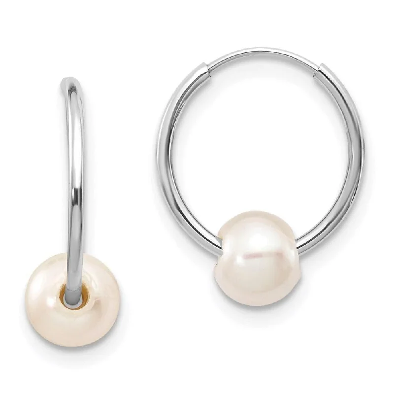 summer beach ladies earrings-14k White Gold 5-6mm White Freshwater Cultured Pearl Endless Hoop Earrings