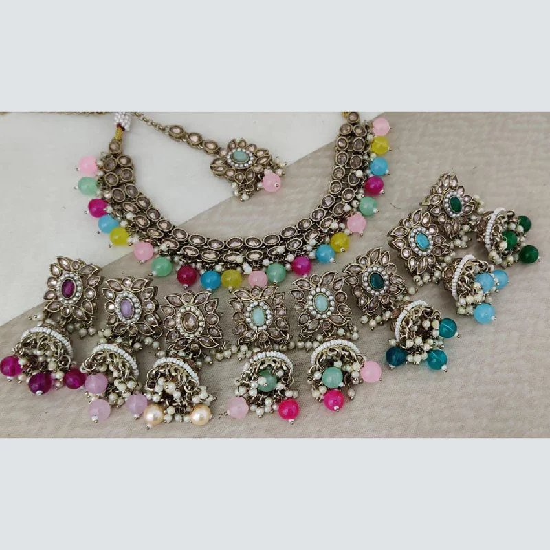 bridal crystal ladies necklace-Rani Sati Jewels Gold Plated Crystal Stone And Beads Necklace Set