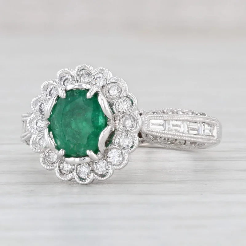 vintage-inspired ladies engagement rings-1.97ctw Oval Emerald Diamond Halo Engagement Ring 18k White Gold Size 7 GIA