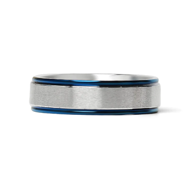 engraved ladies ring-Stainless Steel Blue Trim With Brushed Center Ring / CFR7018