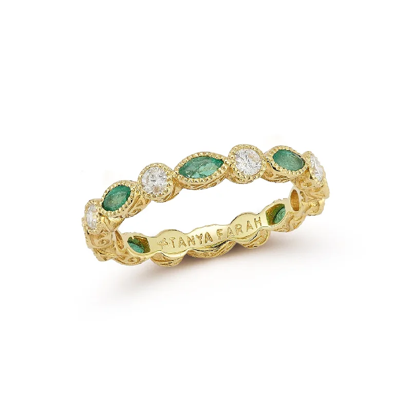 open band ladies ring-Marquise Emerald & Round Diamond Bezel Stack Ring