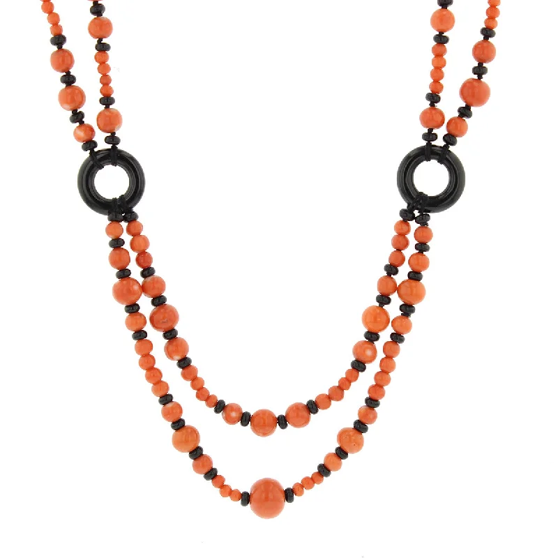 delicate pearl ladies necklace-22-Inch Coral Double Strand Necklace with Onyx