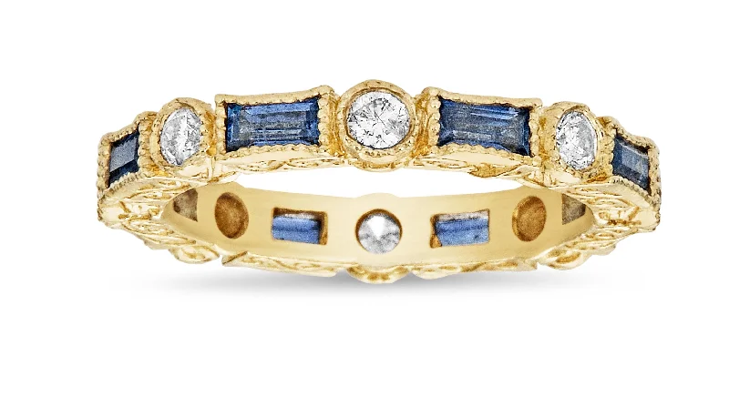 celestial star ladies ring-Baguette Blue Sapphire & Round Diamond Bezel Stack Ring