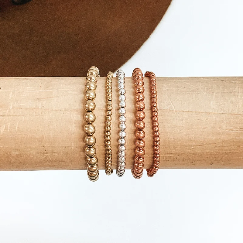 dreamcatcher ladies bracelets & bangles-Set of Five | Beaded Bliss Bracelet Set in Matte Gold Tone, Silver Tone, and Copper Tone