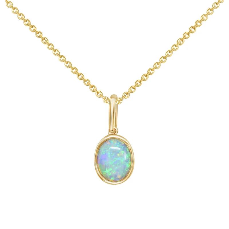 freshwater pearl ladies necklace-14K Yellow Gold Oval Australian Opal Pendant Necklace