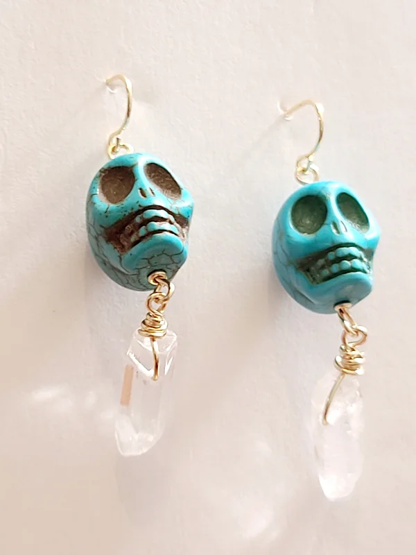 hand-stamped ladies earrings-Ofrenda Skull Quartz Earrings