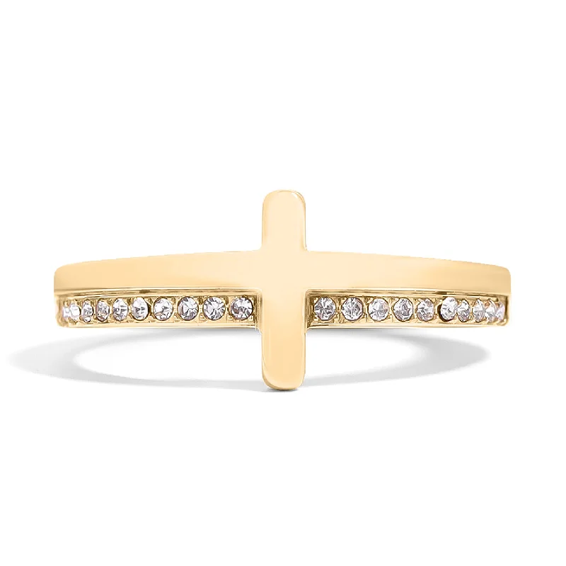 promise ladies ring-18K Gold PVD Stainless Steel Cross CZ Stone Engraved Stacking Ring / CSR0012