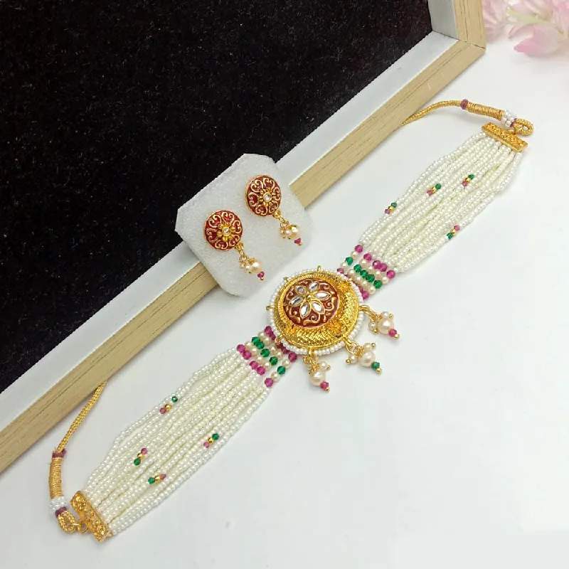 choker ladies necklace-SP Jewellery Gold Plated Kundan And Pearl Choker Necklace Set