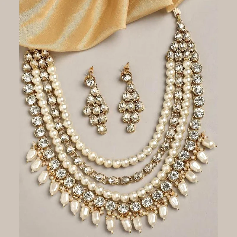 everyday wear ladies necklace-Lalita Creation Gold Plated Austrian Stone And Pearl Multi Layer Necklace Set