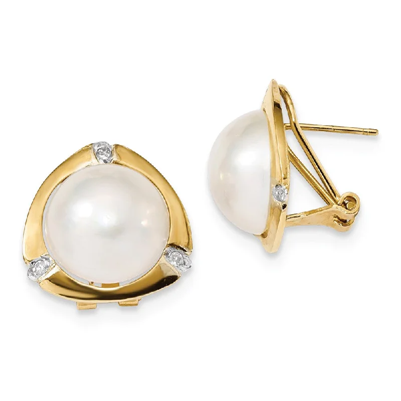 adjustable ladies earrings-14k 12-13mm White Saltwater Mabe Pearl .06ct Diamond Omega Back Earrings