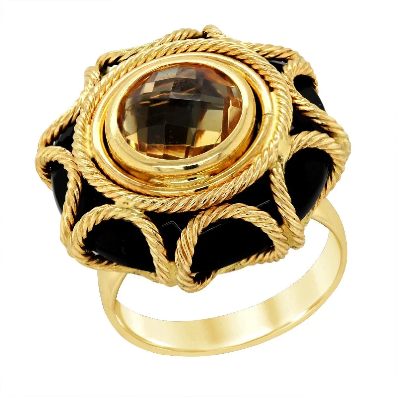 ruby ladies ring-YELLOW GOLD STATEMENT RING WITH CITRINE AND BLACK ONYX