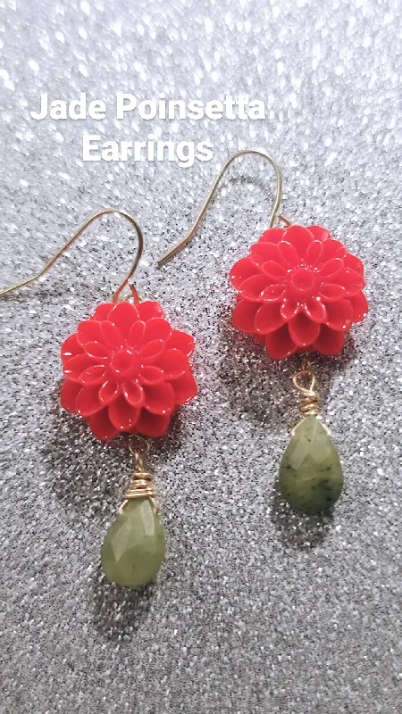 handmade beaded ladies earrings-Jade Poinsetta Earrings