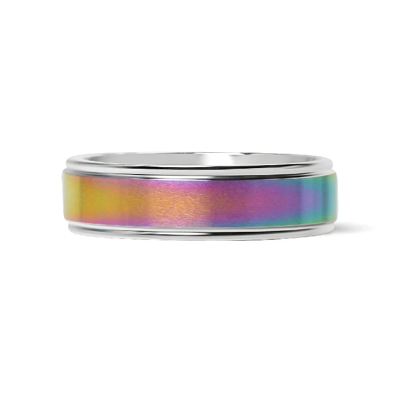 celestial-themed ladies ring-Rainbow Center Polished Edge Stainless Steel Ring / CFR7015