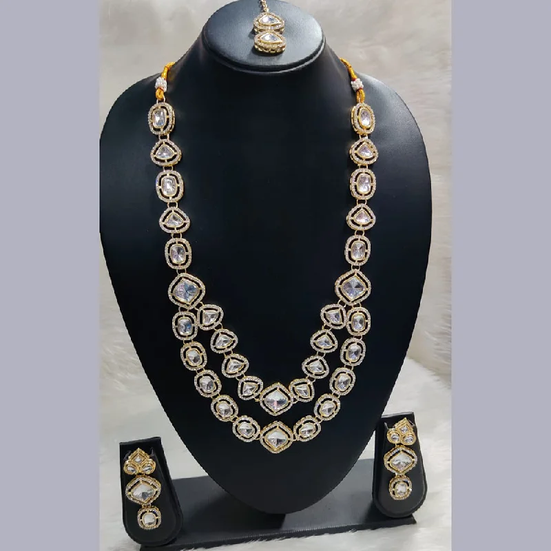 elegant wedding ladies necklace-Pooja Bangles Gold Plated Crystal Stone Long Necklace Set