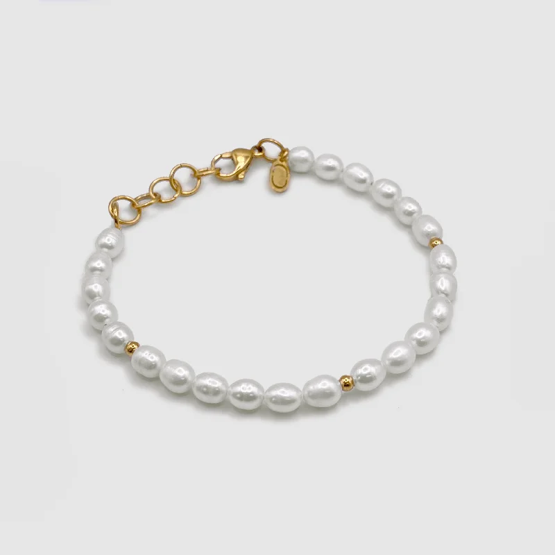 rose quartz ladies bracelets & bangles-Stud Oval Real Pearl Bracelet (Gold)