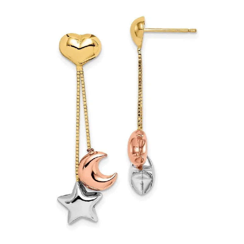 pearl ladies earrings-Madi K Kid's 14k  Tri-color Heart, Star & Moon Dangle Post Earrings