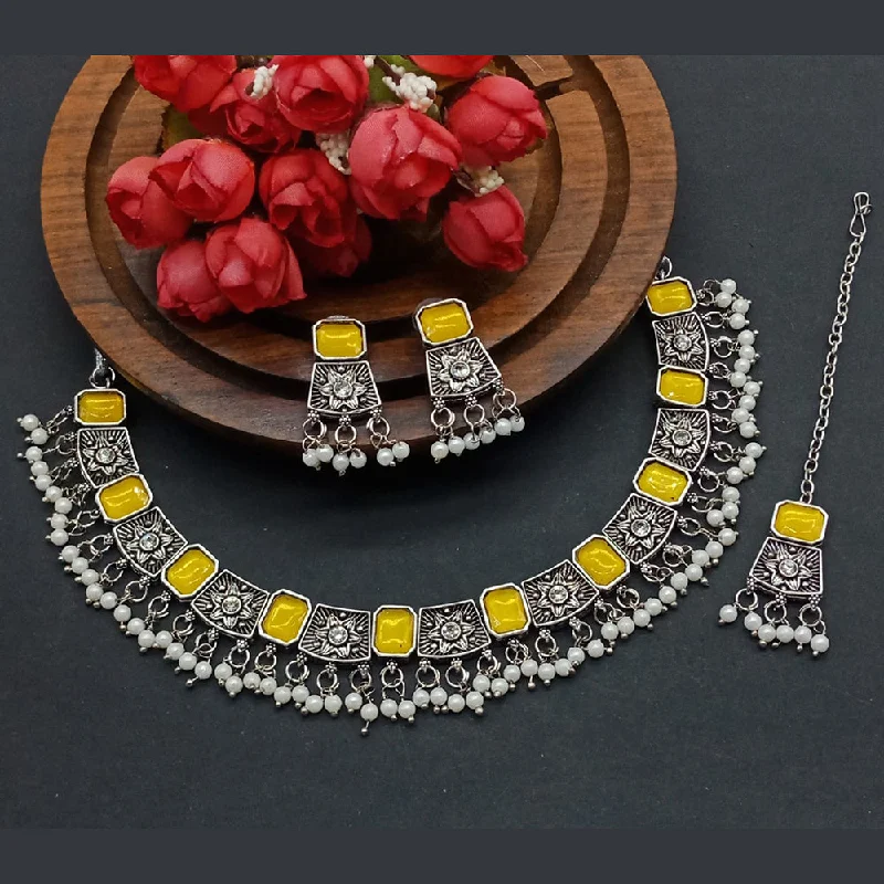 handmade beaded ladies necklace-Gehana Mahal Oxidised Plated Crystal Stone Choker Necklace Set