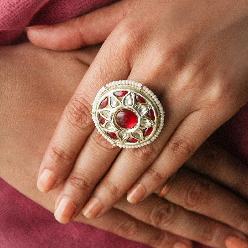 red garnet ladies ring-Silver 92.5 Thapa Jadau Ring