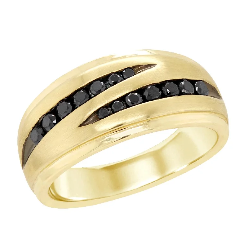 double-band ladies ring-MEN'S YELLOW GOLD FASHION RING WITH BLACK DIAMONDS, .50 CT TW