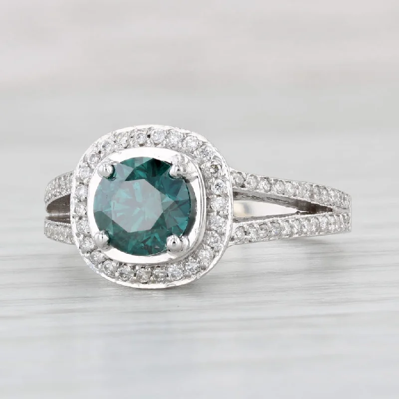 overlapping band ladies engagement rings-1.86ctw Round Teal Diamond Halo Engagement Ring 18k White Gold Size 7.75 IGI