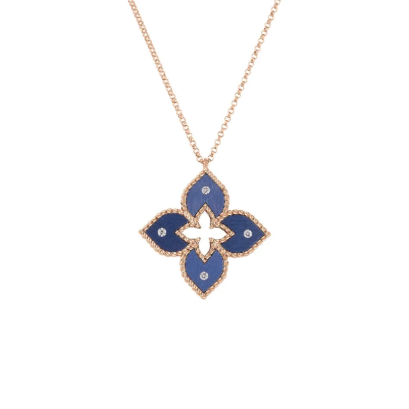 handmade beaded ladies necklace-18K Rose Gold Small Blue Titanium and Diamond Flower Necklace