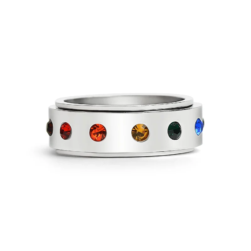 custom name ladies ring-Rainbow CZ Spinner Center Highly Polished Stainless Steel Ring / SRJ0111