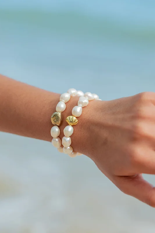 silver multi-layer ladies bracelets & bangles-Stretchy Pearl Bracelet with Gold Shell Accent - Nanea