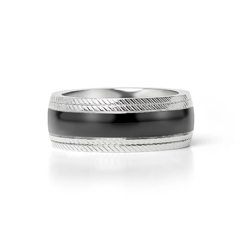 cocktail ladies ring-Black Center Stainless Steel Lined Pattern Edge Ring / CFR7013