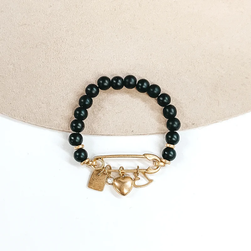 stackable layering ladies bracelets & bangles-Safety Pin Beaded Bracelet with Gold Charms in Black