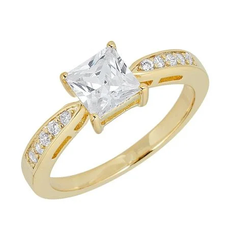 moon and star ladies ring-CZ Center Stone With CZ Accents Gold Over Brass Ring / FSR0003