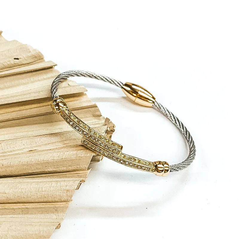 vintage-inspired ladies bracelets & bangles-Two Toned Clear Crystal Double Gold Bar on a Silver Cable Wire Bracelet