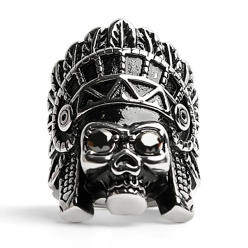 fantasy-inspired ladies ring-Stainless Steel Black CZ Eyed Native American Chief Skull Ring / SCR4011