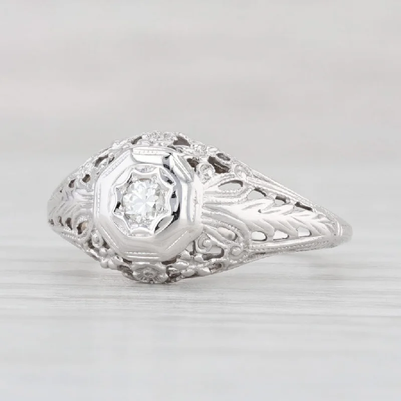 vintage-inspired ladies engagement rings-Art Deco Diamond Solitaire Ring 18k White Gold Engagement Floral Filigree