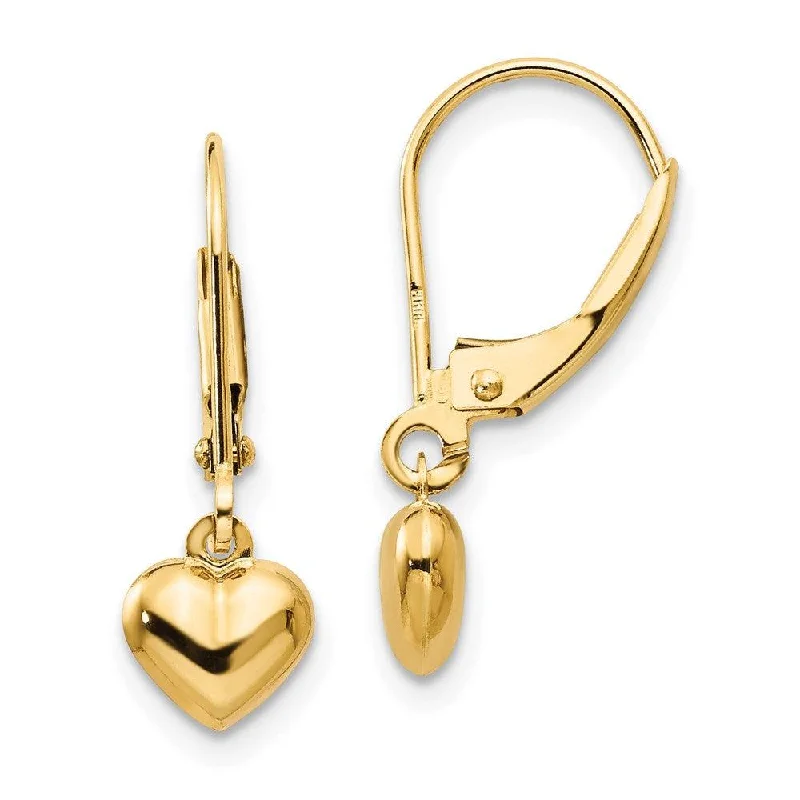 geometric shape ladies earrings-Madi K Kid's 14k  Puffed Polished Heart Drop Leverback Earrings