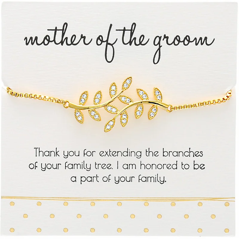 sterling silver charm ladies bracelets & bangles-Mother of the Groom White Zircon Leaf - Gold Plated Adjustable Bracelet