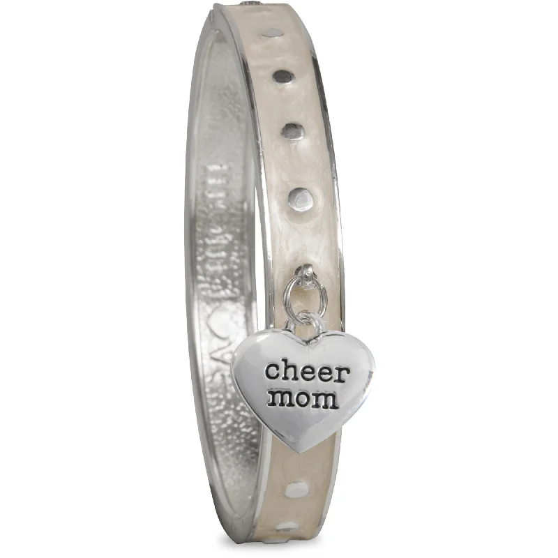 angel wings ladies bracelets & bangles-Cheer Mom White Enamel Bangle Bracelet with Heart Charm