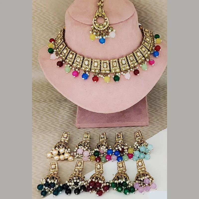 floral design ladies necklace-Rani Sati Jewels Gold Plated Crystal Stone Choker Necklace Set