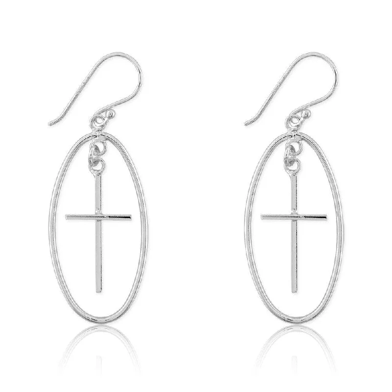 rose quartz ladies earrings-Sterling Silver Large Open Oval with Cross Earrings