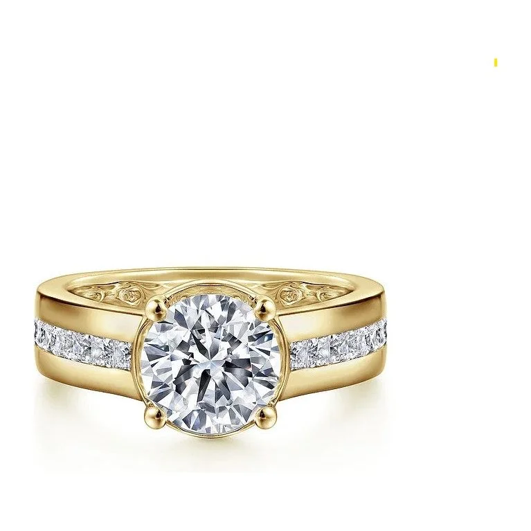 round-cut ladies engagement rings-Gabriel " Dennise" 14K Yellow Gold Prong Bezel Diamond Engagement Ring